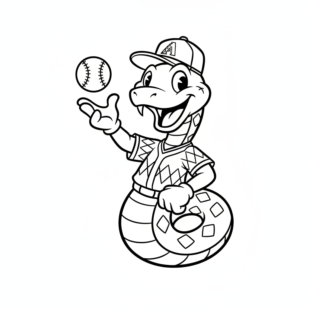 A friendly cartoon Diamondbacks mascot character playing with a baseball, energetic and cheerful, original fan illustration inspired by the Arizona Diamondbacks (not the official logo or mascot), single subject only, strict black and white line art, bold clean outlines only, pure white background, kids coloring book page style. Absolutely no shading, no grayscale, no gradients, no color fills, no text anywhere in the image