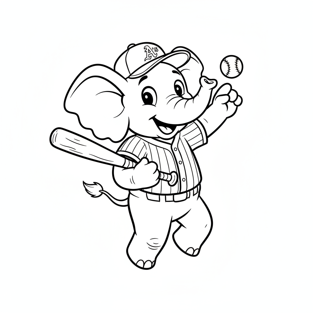 A friendly cartoon Athletics mascot character playing with a baseball, energetic and cheerful, original fan illustration inspired by the Athletics (not the official logo or mascot), single subject only, strict black and white line art, bold clean outlines only, pure white background, kids coloring book page style. Absolutely no shading, no grayscale, no gradients, no color fills, no text anywhere in the image