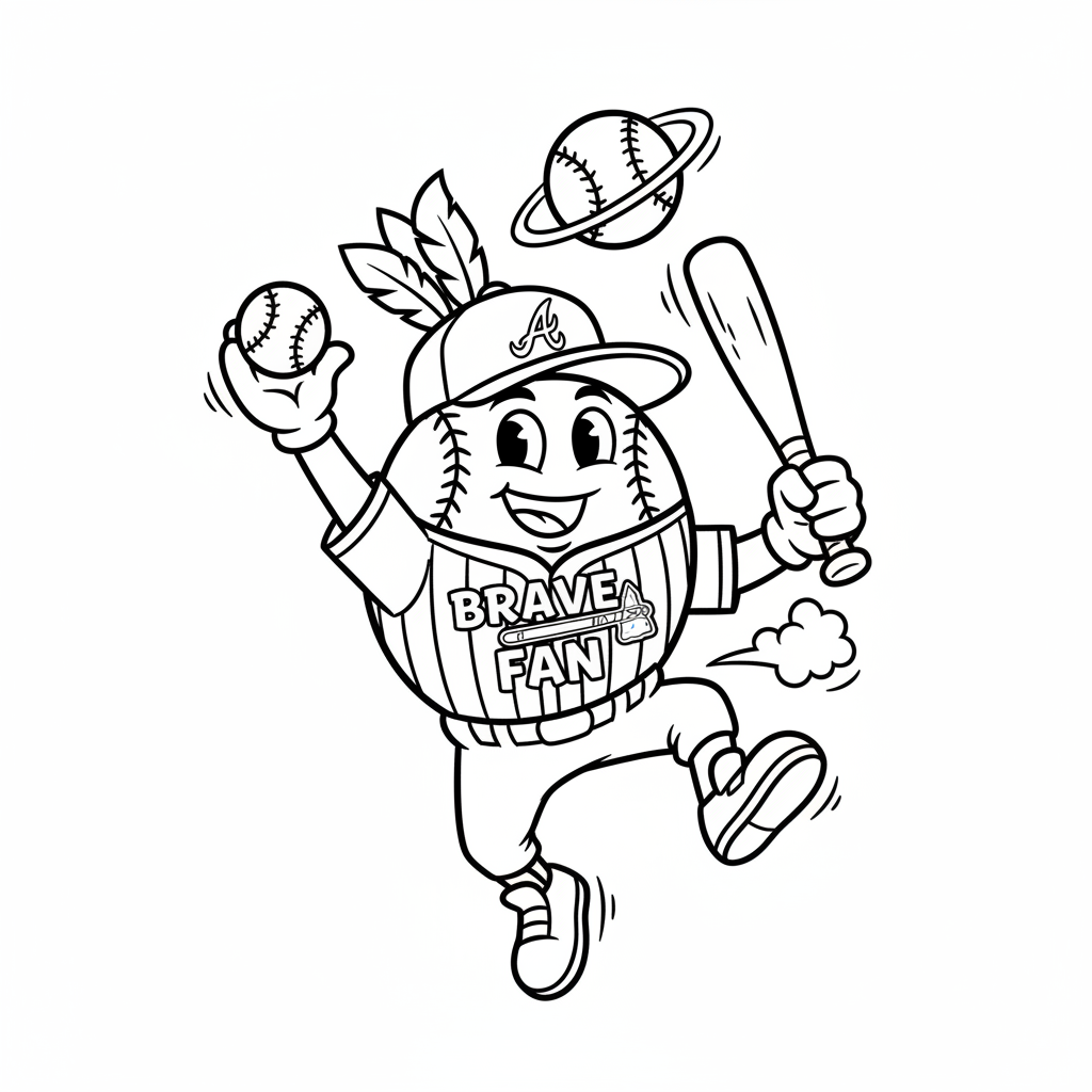 A friendly cartoon Braves mascot character playing with a baseball, energetic and cheerful, original fan illustration inspired by the Atlanta Braves (not the official logo or mascot), single subject only, strict black and white line art, bold clean outlines only, pure white background, kids coloring book page style. Absolutely no shading, no grayscale, no gradients, no color fills, no text anywhere in the image