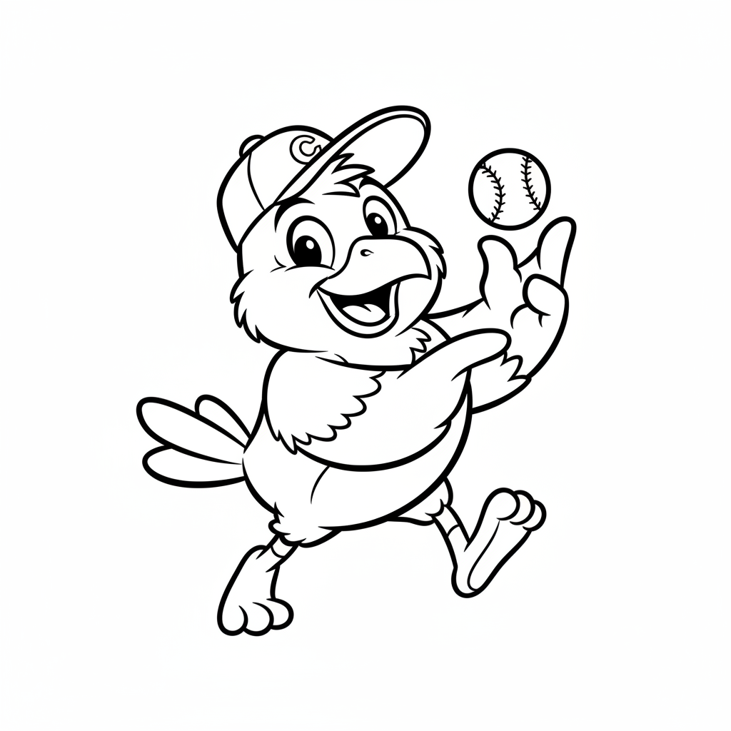A friendly cartoon Orioles mascot character playing with a baseball, energetic and cheerful, original fan illustration inspired by the Baltimore Orioles (not the official logo or mascot), single subject only, strict black and white line art, bold clean outlines only, pure white background, kids coloring book page style. Absolutely no shading, no grayscale, no gradients, no color fills, no text anywhere in the image