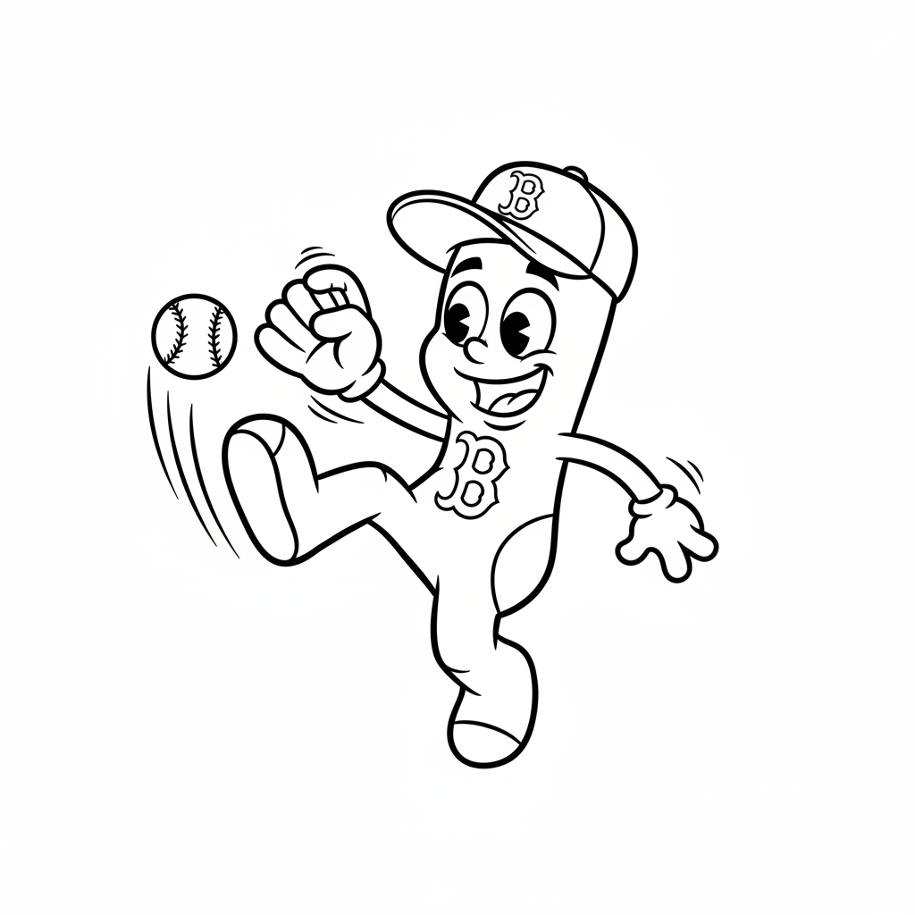 A friendly cartoon Red Sox mascot character playing with a baseball, energetic and cheerful, original fan illustration inspired by the Boston Red Sox (not the official logo or mascot), single subject only, strict black and white line art, bold clean outlines only, pure white background, kids coloring book page style. Absolutely no shading, no grayscale, no gradients, no color fills, no text anywhere in the image