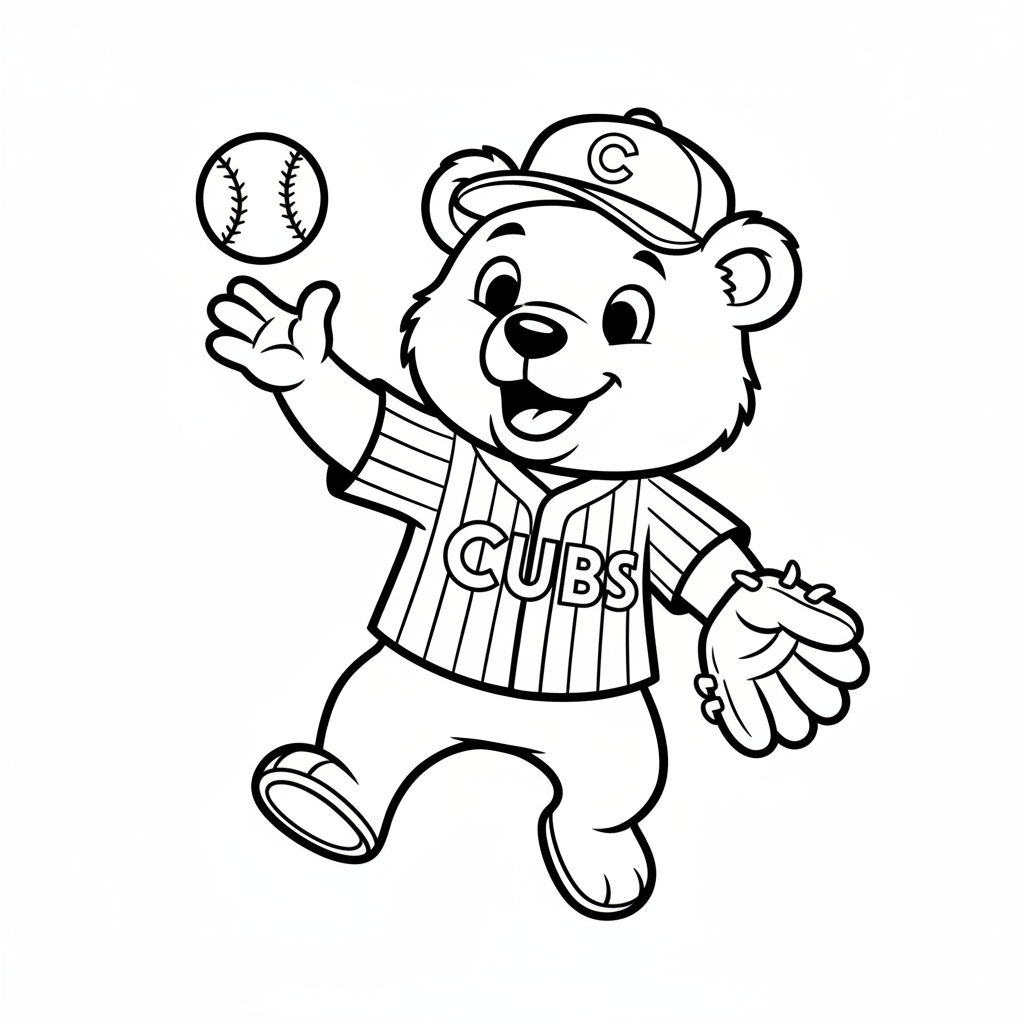 A friendly cartoon Cubs mascot character playing with a baseball, energetic and cheerful, original fan illustration inspired by the Chicago Cubs (not the official logo or mascot), single subject only, strict black and white line art, bold clean outlines only, pure white background, kids coloring book page style. Absolutely no shading, no grayscale, no gradients, no color fills, no text anywhere in the image