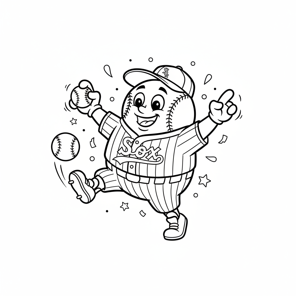 A friendly cartoon White Sox mascot character playing with a baseball, energetic and cheerful, original fan illustration inspired by the Chicago White Sox (not the official logo or mascot), single subject only, strict black and white line art, bold clean outlines only, pure white background, kids coloring book page style. Absolutely no shading, no grayscale, no gradients, no color fills, no text anywhere in the image