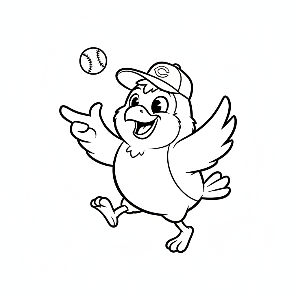 A friendly cartoon Reds mascot character playing with a baseball, energetic and cheerful, original fan illustration inspired by the Cincinnati Reds (not the official logo or mascot), single subject only, strict black and white line art, bold clean outlines only, pure white background, kids coloring book page style. Absolutely no shading, no grayscale, no gradients, no color fills, no text anywhere in the image