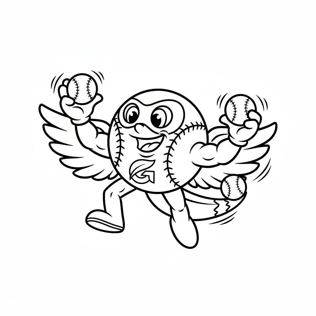 A friendly cartoon Guardians mascot character playing with a baseball, energetic and cheerful, original fan illustration inspired by the Cleveland Guardians (not the official logo or mascot), single subject only, strict black and white line art, bold clean outlines only, pure white background, kids coloring book page style. Absolutely no shading, no grayscale, no gradients, no color fills, no text anywhere in the image