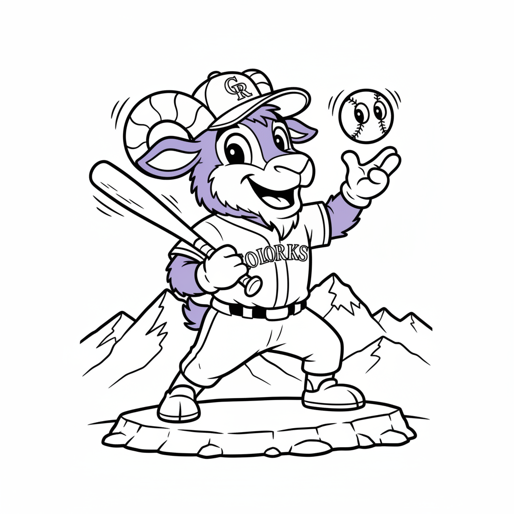 A friendly cartoon Rockies mascot character playing with a baseball, energetic and cheerful, original fan illustration inspired by the Colorado Rockies (not the official logo or mascot), single subject only, strict black and white line art, bold clean outlines only, pure white background, kids coloring book page style. Absolutely no shading, no grayscale, no gradients, no color fills, no text anywhere in the image