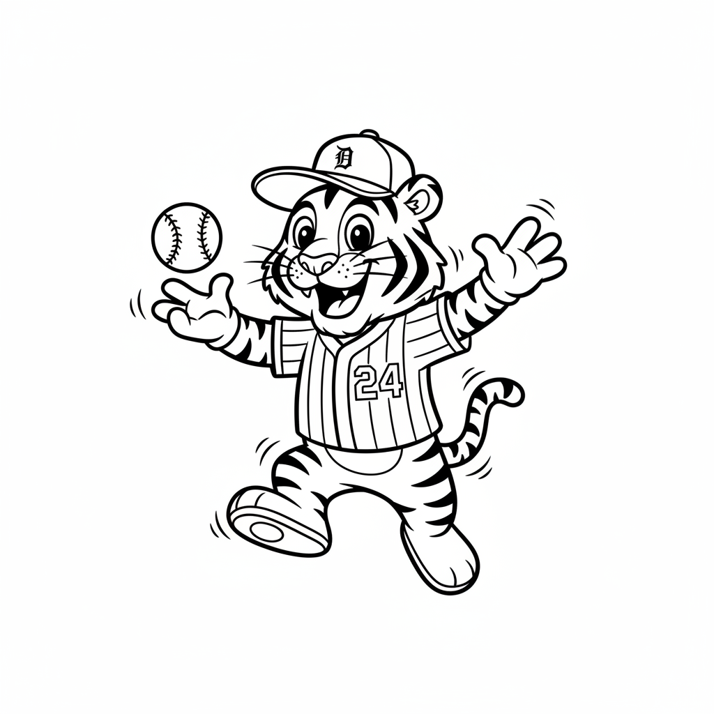 A friendly cartoon Tigers mascot character playing with a baseball, energetic and cheerful, original fan illustration inspired by the Detroit Tigers (not the official logo or mascot), single subject only, strict black and white line art, bold clean outlines only, pure white background, kids coloring book page style. Absolutely no shading, no grayscale, no gradients, no color fills, no text anywhere in the image