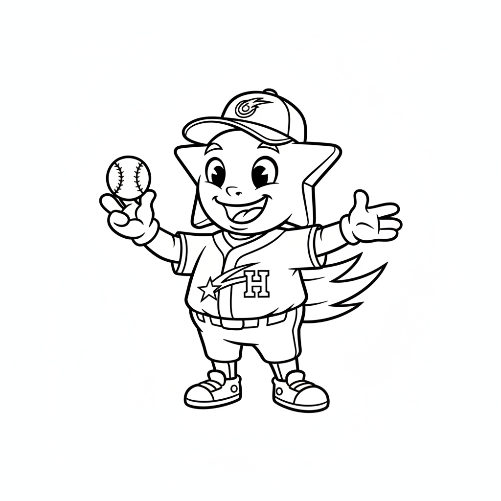 A friendly cartoon Astros mascot character playing with a baseball, energetic and cheerful, original fan illustration inspired by the Houston Astros (not the official logo or mascot), single subject only, strict black and white line art, bold clean outlines only, pure white background, kids coloring book page style. Absolutely no shading, no grayscale, no gradients, no color fills, no text anywhere in the image
