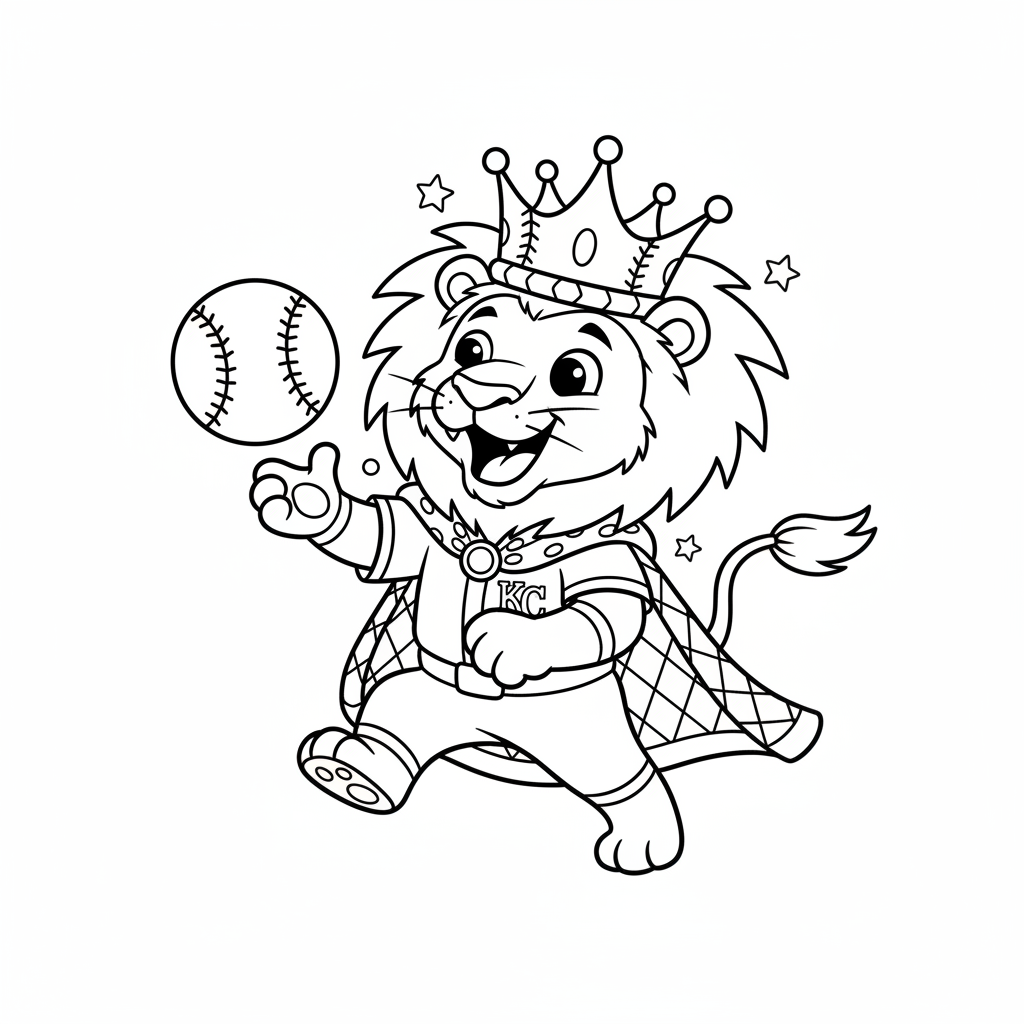 A friendly cartoon Royals mascot character playing with a baseball, energetic and cheerful, original fan illustration inspired by the Kansas City Royals (not the official logo or mascot), single subject only, strict black and white line art, bold clean outlines only, pure white background, kids coloring book page style. Absolutely no shading, no grayscale, no gradients, no color fills, no text anywhere in the image