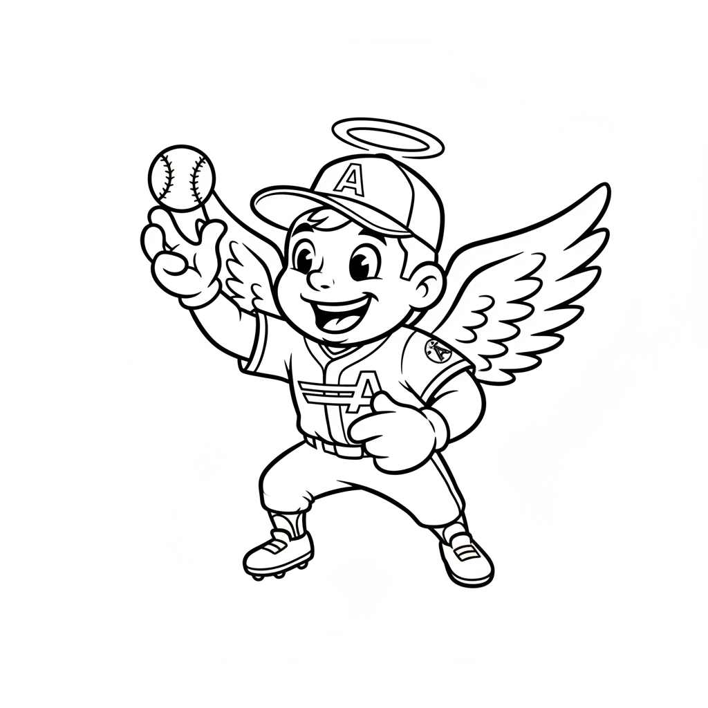 A friendly cartoon Angels mascot character playing with a baseball, energetic and cheerful, original fan illustration inspired by the Los Angeles Angels (not the official logo or mascot), single subject only, strict black and white line art, bold clean outlines only, pure white background, kids coloring book page style. Absolutely no shading, no grayscale, no gradients, no color fills, no text anywhere in the image