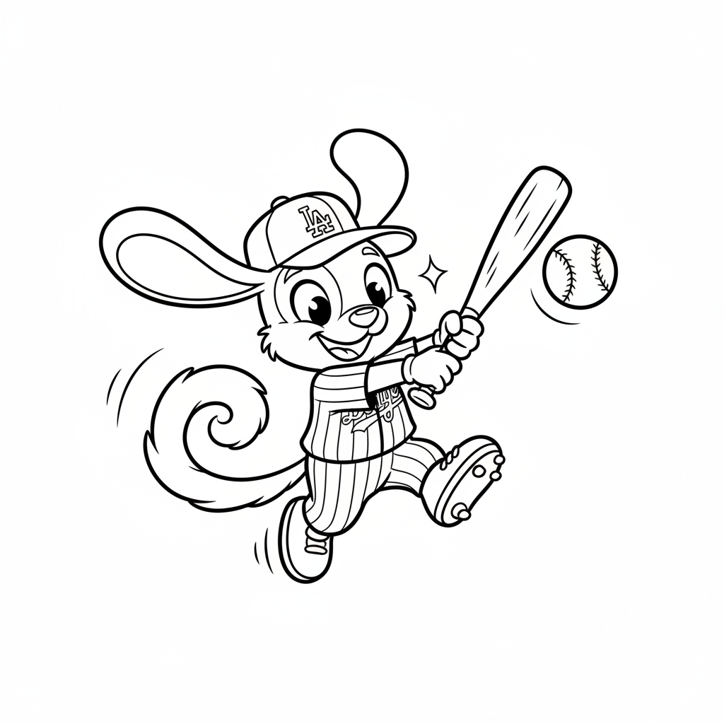 A friendly cartoon Dodgers mascot character playing with a baseball, energetic and cheerful, original fan illustration inspired by the Los Angeles Dodgers (not the official logo or mascot), single subject only, strict black and white line art, bold clean outlines only, pure white background, kids coloring book page style. Absolutely no shading, no grayscale, no gradients, no color fills, no text anywhere in the image
