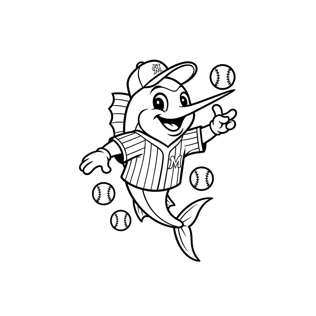 A friendly cartoon Marlins mascot character playing with a baseball, energetic and cheerful, original fan illustration inspired by the Miami Marlins (not the official logo or mascot), single subject only, strict black and white line art, bold clean outlines only, pure white background, kids coloring book page style. Absolutely no shading, no grayscale, no gradients, no color fills, no text anywhere in the image