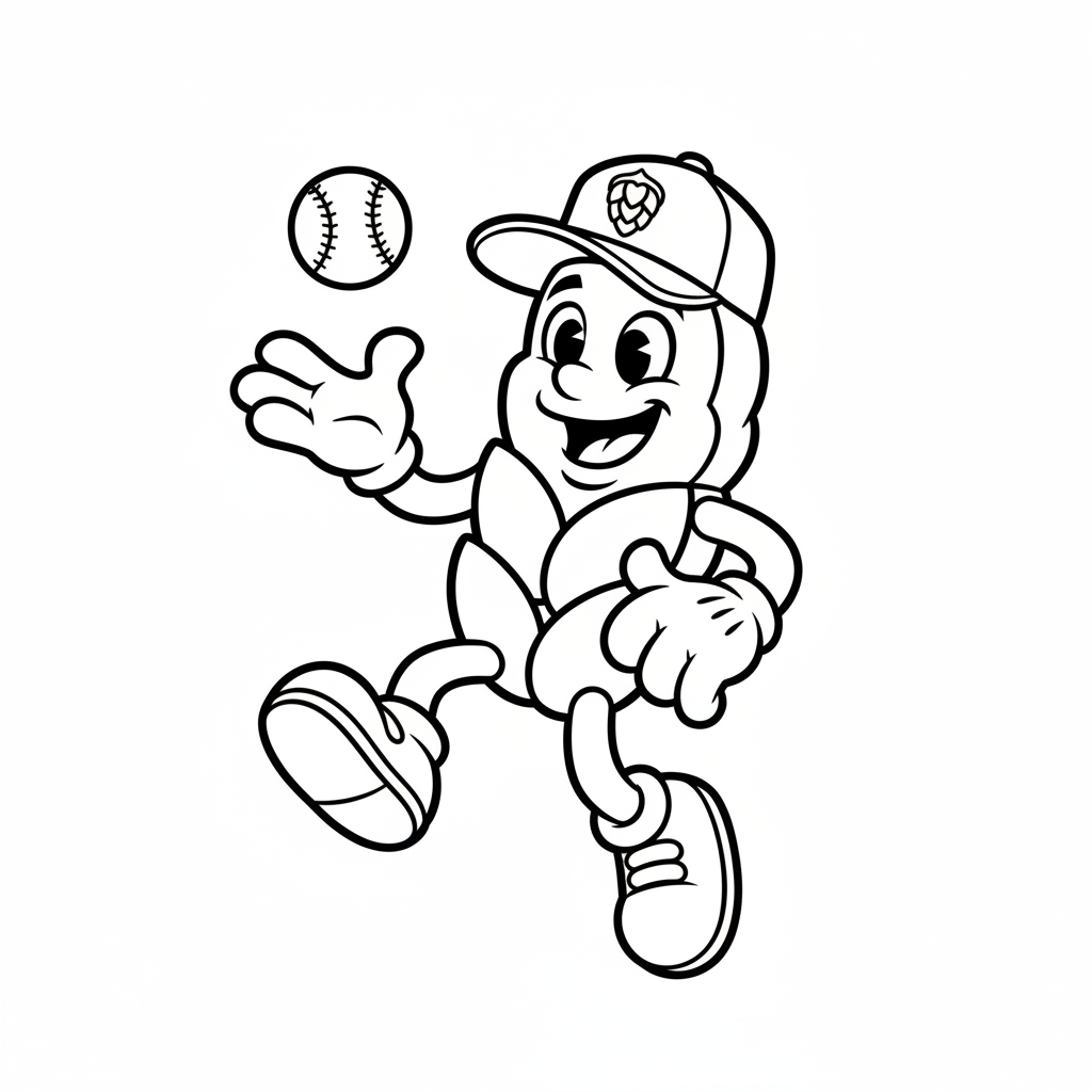 A friendly cartoon Brewers mascot character playing with a baseball, energetic and cheerful, original fan illustration inspired by the Milwaukee Brewers (not the official logo or mascot), single subject only, strict black and white line art, bold clean outlines only, pure white background, kids coloring book page style. Absolutely no shading, no grayscale, no gradients, no color fills, no text anywhere in the image
