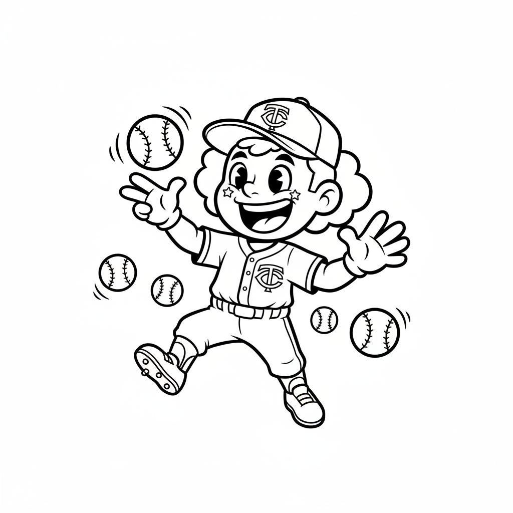 A friendly cartoon Twins mascot character playing with a baseball, energetic and cheerful, original fan illustration inspired by the Minnesota Twins (not the official logo or mascot), single subject only, strict black and white line art, bold clean outlines only, pure white background, kids coloring book page style. Absolutely no shading, no grayscale, no gradients, no color fills, no text anywhere in the image