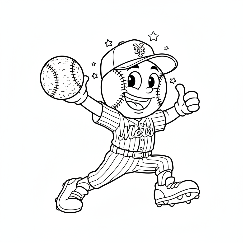 A friendly cartoon Mets mascot character playing with a baseball, energetic and cheerful, original fan illustration inspired by the New York Mets (not the official logo or mascot), single subject only, strict black and white line art, bold clean outlines only, pure white background, kids coloring book page style. Absolutely no shading, no grayscale, no gradients, no color fills, no text anywhere in the image