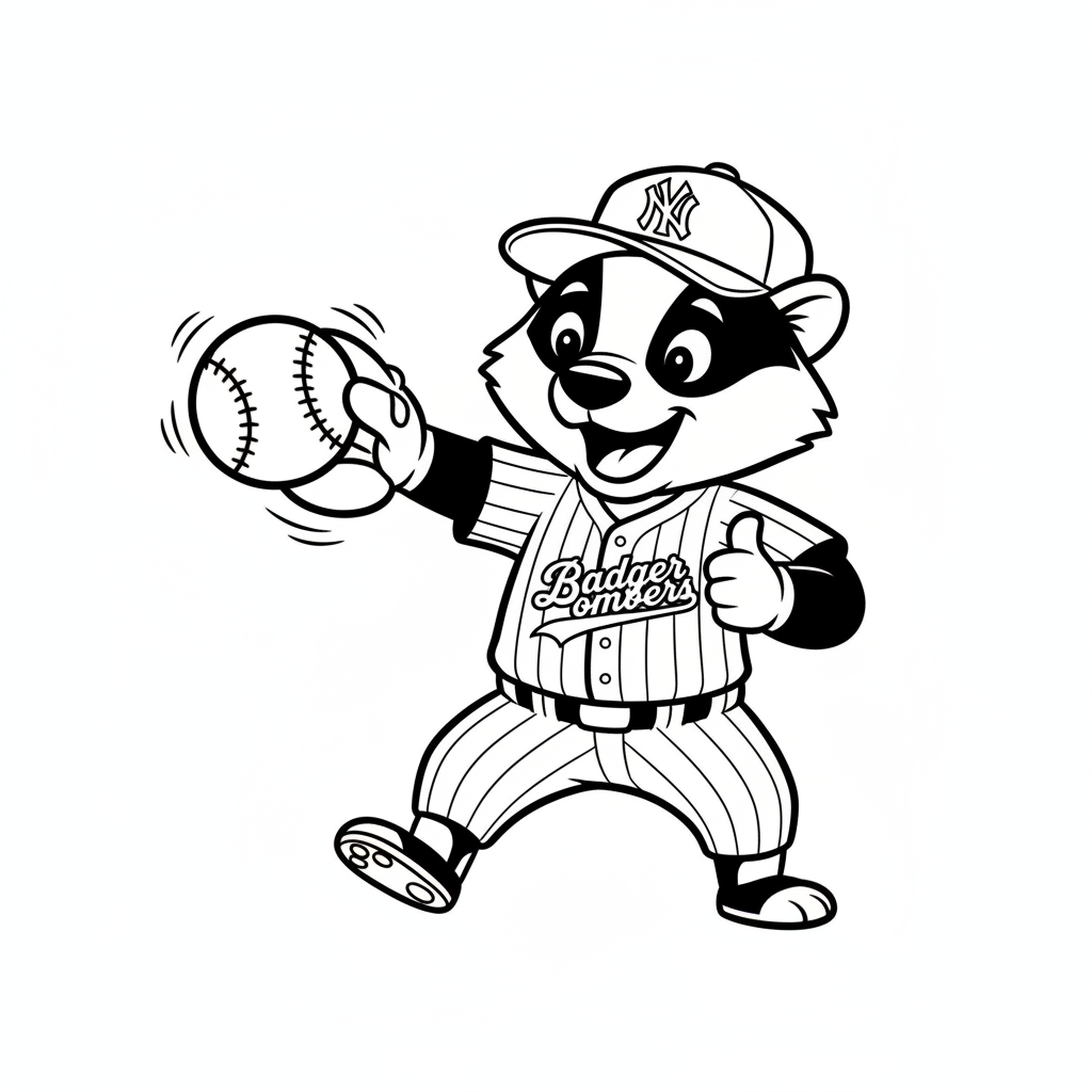 A friendly cartoon Yankees mascot character playing with a baseball, energetic and cheerful, original fan illustration inspired by the New York Yankees (not the official logo or mascot), single subject only, strict black and white line art, bold clean outlines only, pure white background, kids coloring book page style. Absolutely no shading, no grayscale, no gradients, no color fills, no text anywhere in the image