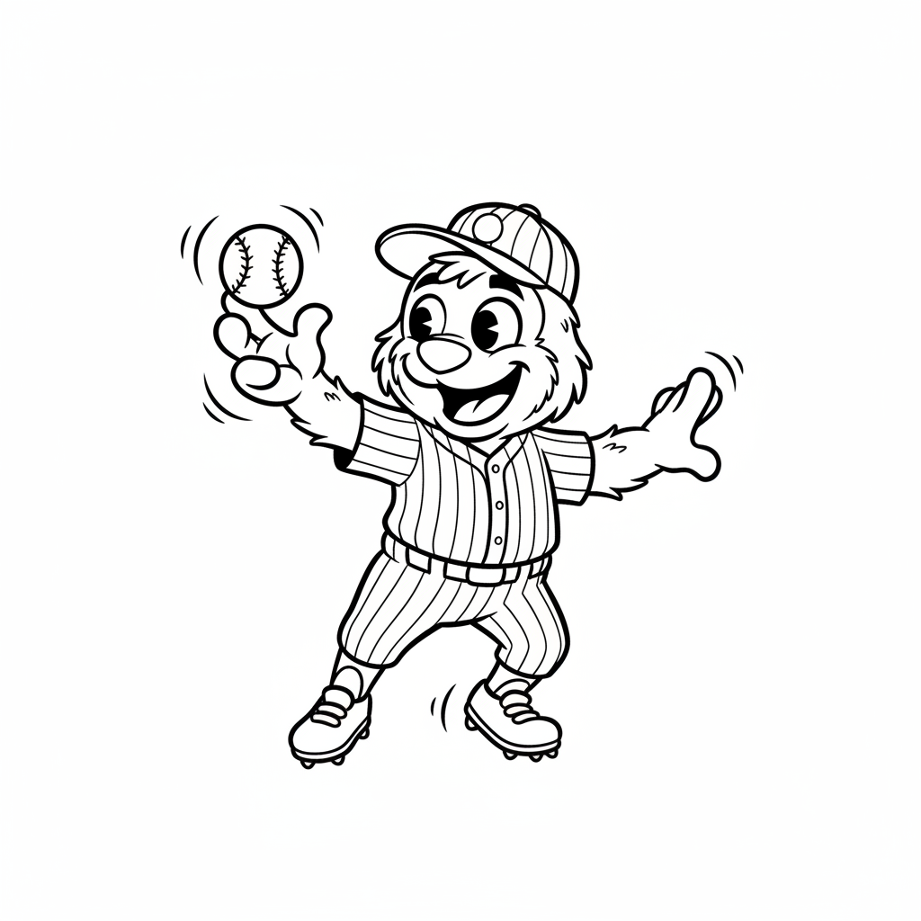 A friendly cartoon Phillies mascot character playing with a baseball, energetic and cheerful, original fan illustration inspired by the Philadelphia Phillies (not the official logo or mascot), single subject only, strict black and white line art, bold clean outlines only, pure white background, kids coloring book page style. Absolutely no shading, no grayscale, no gradients, no color fills, no text anywhere in the image