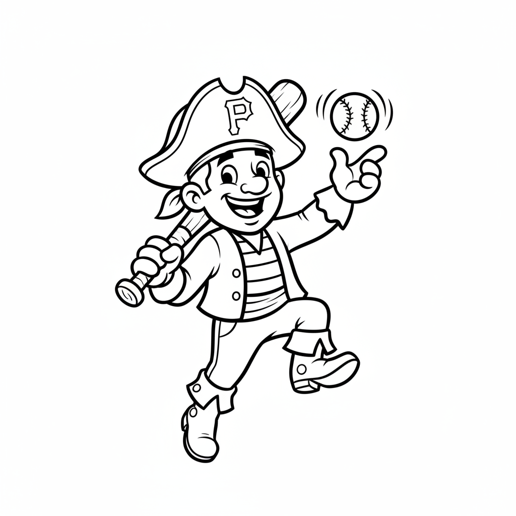 A friendly cartoon Pirates mascot character playing with a baseball, energetic and cheerful, original fan illustration inspired by the Pittsburgh Pirates (not the official logo or mascot), single subject only, strict black and white line art, bold clean outlines only, pure white background, kids coloring book page style. Absolutely no shading, no grayscale, no gradients, no color fills, no text anywhere in the image