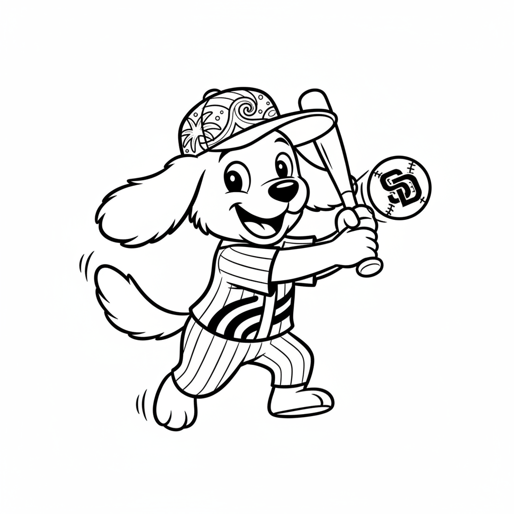 A friendly cartoon Padres mascot character playing with a baseball, energetic and cheerful, original fan illustration inspired by the San Diego Padres (not the official logo or mascot), single subject only, strict black and white line art, bold clean outlines only, pure white background, kids coloring book page style. Absolutely no shading, no grayscale, no gradients, no color fills, no text anywhere in the image