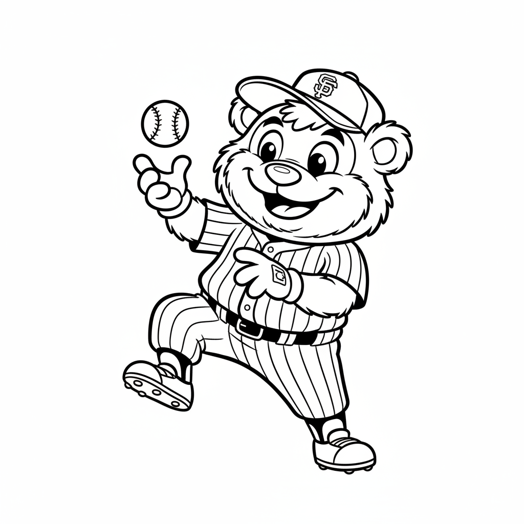 A friendly cartoon Giants mascot character playing with a baseball, energetic and cheerful, original fan illustration inspired by the San Francisco Giants (not the official logo or mascot), single subject only, strict black and white line art, bold clean outlines only, pure white background, kids coloring book page style. Absolutely no shading, no grayscale, no gradients, no color fills, no text anywhere in the image