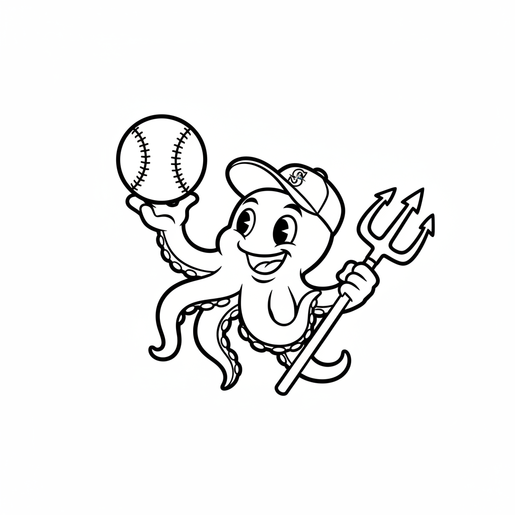 A friendly cartoon Mariners mascot character playing with a baseball, energetic and cheerful, original fan illustration inspired by the Seattle Mariners (not the official logo or mascot), single subject only, strict black and white line art, bold clean outlines only, pure white background, kids coloring book page style. Absolutely no shading, no grayscale, no gradients, no color fills, no text anywhere in the image