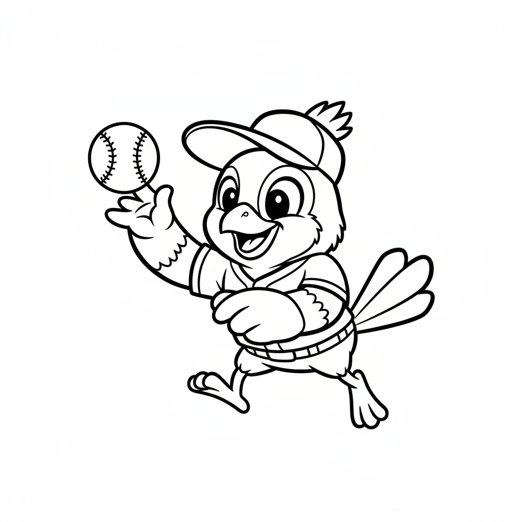 A friendly cartoon Cardinals mascot character playing with a baseball, energetic and cheerful, original fan illustration inspired by the St. Louis Cardinals (not the official logo or mascot), single subject only, strict black and white line art, bold clean outlines only, pure white background, kids coloring book page style. Absolutely no shading, no grayscale, no gradients, no color fills, no text anywhere in the image