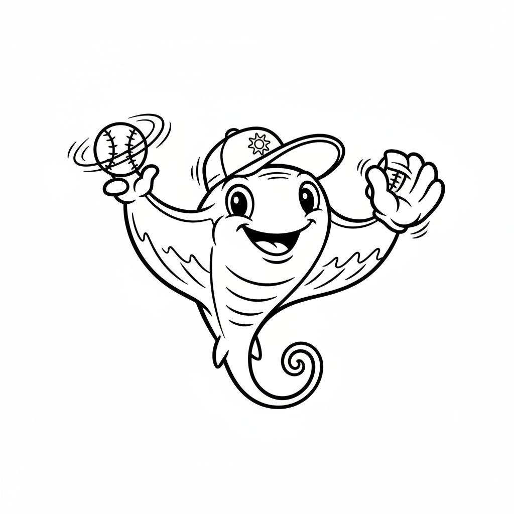A friendly cartoon Rays mascot character playing with a baseball, energetic and cheerful, original fan illustration inspired by the Tampa Bay Rays (not the official logo or mascot), single subject only, strict black and white line art, bold clean outlines only, pure white background, kids coloring book page style. Absolutely no shading, no grayscale, no gradients, no color fills, no text anywhere in the image