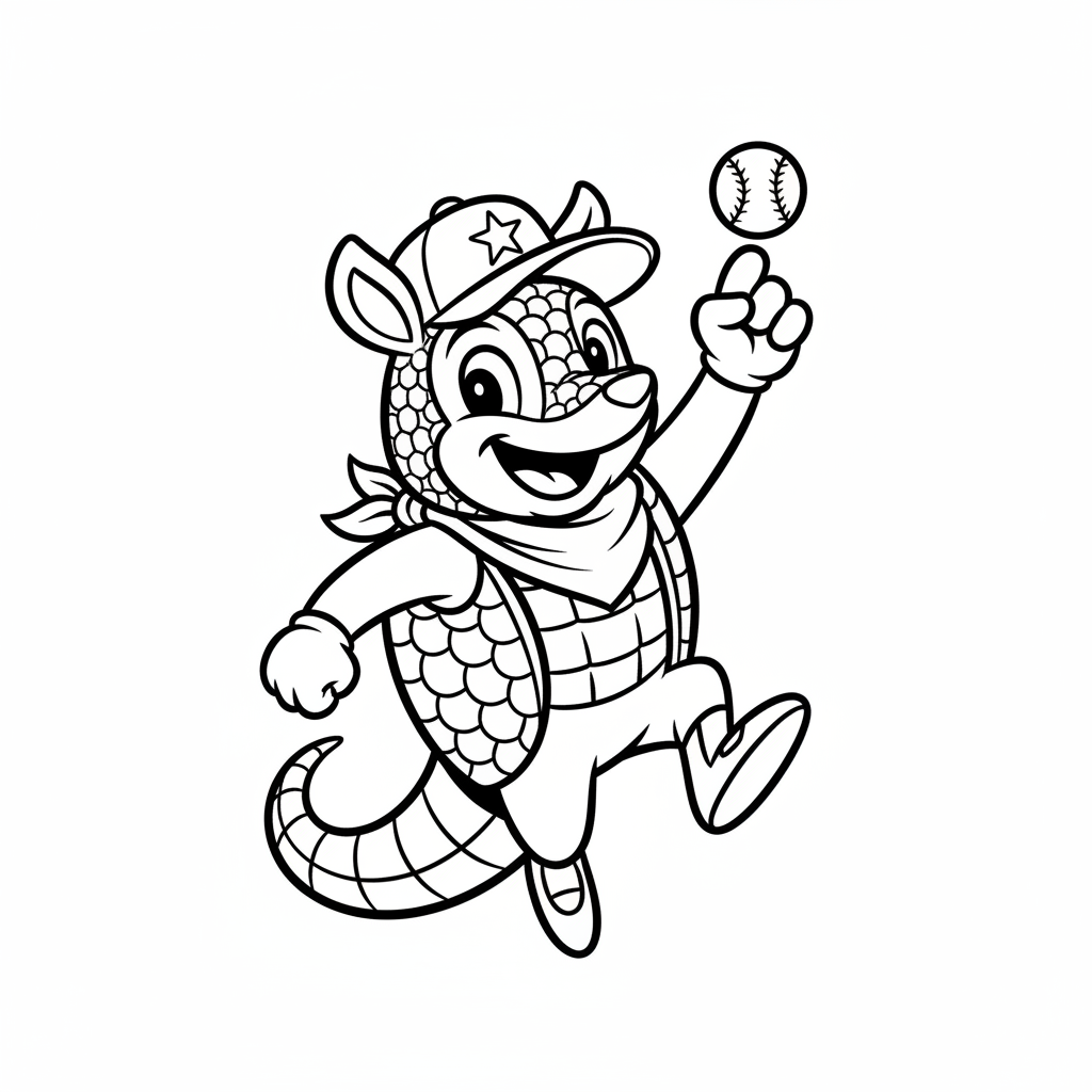 A friendly cartoon Rangers mascot character playing with a baseball, energetic and cheerful, original fan illustration inspired by the Texas Rangers (not the official logo or mascot), single subject only, strict black and white line art, bold clean outlines only, pure white background, kids coloring book page style. Absolutely no shading, no grayscale, no gradients, no color fills, no text anywhere in the image