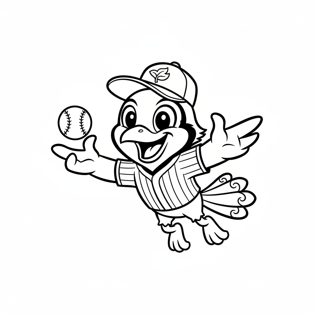 A friendly cartoon Blue Jays mascot character playing with a baseball, energetic and cheerful, original fan illustration inspired by the Toronto Blue Jays (not the official logo or mascot), single subject only, strict black and white line art, bold clean outlines only, pure white background, kids coloring book page style. Absolutely no shading, no grayscale, no gradients, no color fills, no text anywhere in the image
