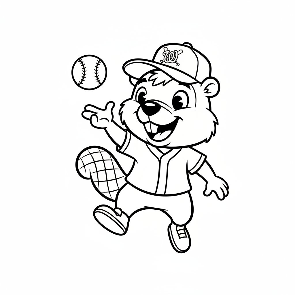 A friendly cartoon Nationals mascot character playing with a baseball, energetic and cheerful, original fan illustration inspired by the Washington Nationals (not the official logo or mascot), single subject only, strict black and white line art, bold clean outlines only, pure white background, kids coloring book page style. Absolutely no shading, no grayscale, no gradients, no color fills, no text anywhere in the image