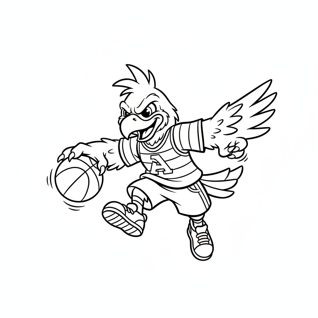 A friendly cartoon Hawks mascot character playing with a basketball, energetic and cheerful, original fan illustration inspired by the Atlanta Hawks (not the official logo or mascot), single subject only, strict black and white line art, bold clean outlines only, pure white background, kids coloring book page style. Absolutely no shading, no grayscale, no gradients, no color fills, no text anywhere in the image