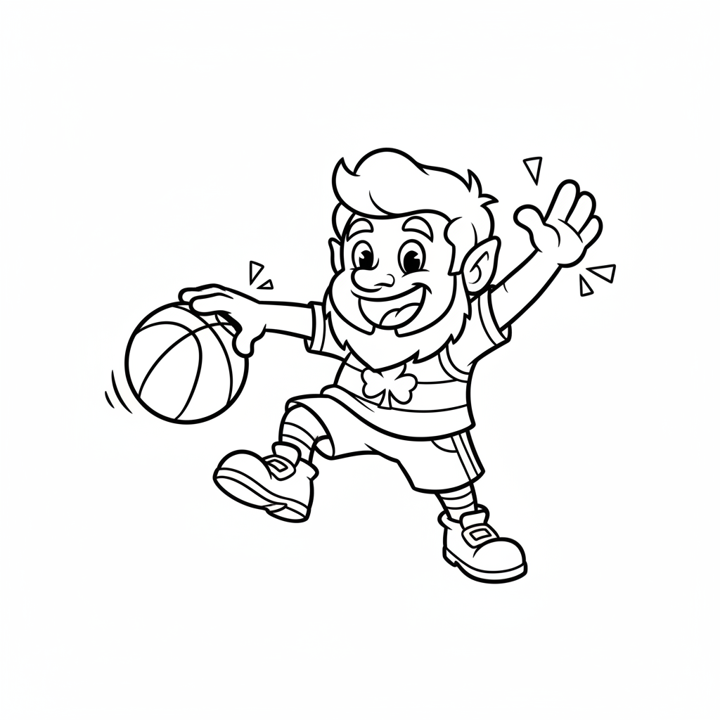 A friendly cartoon Celtics mascot character playing with a basketball, energetic and cheerful, original fan illustration inspired by the Boston Celtics (not the official logo or mascot), single subject only, strict black and white line art, bold clean outlines only, pure white background, kids coloring book page style. Absolutely no shading, no grayscale, no gradients, no color fills, no text anywhere in the image