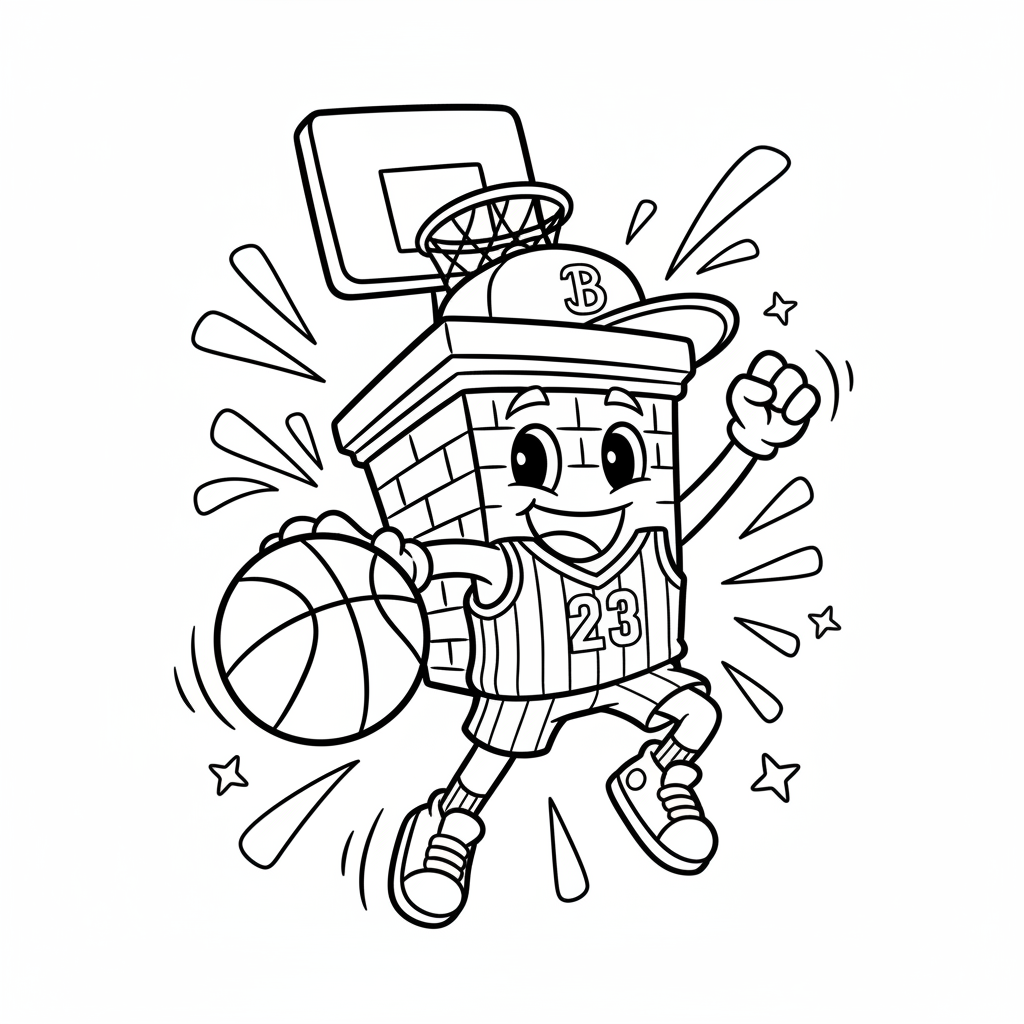 A friendly cartoon Nets mascot character playing with a basketball, energetic and cheerful, original fan illustration inspired by the Brooklyn Nets (not the official logo or mascot), single subject only, strict black and white line art, bold clean outlines only, pure white background, kids coloring book page style. Absolutely no shading, no grayscale, no gradients, no color fills, no text anywhere in the image