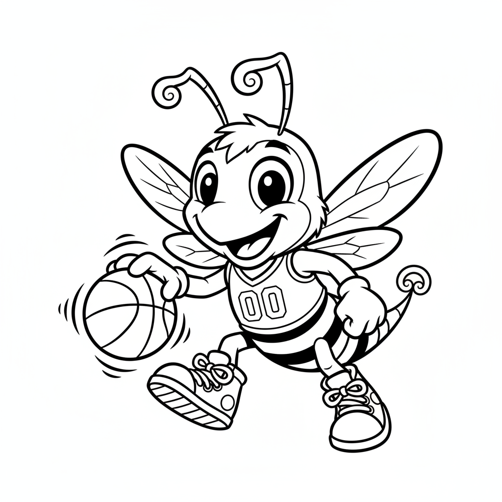 A friendly cartoon Hornets mascot character playing with a basketball, energetic and cheerful, original fan illustration inspired by the Charlotte Hornets (not the official logo or mascot), single subject only, strict black and white line art, bold clean outlines only, pure white background, kids coloring book page style. Absolutely no shading, no grayscale, no gradients, no color fills, no text anywhere in the image
