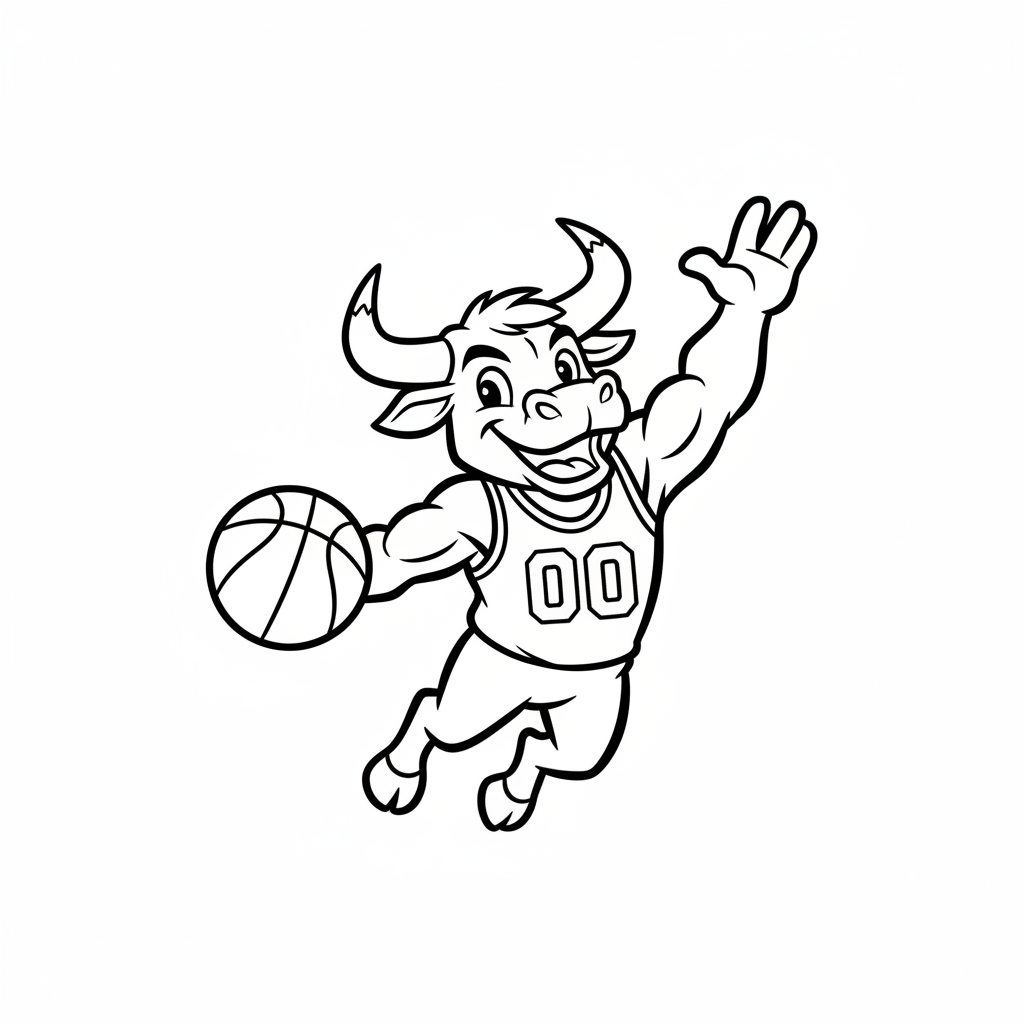 A friendly cartoon Bulls mascot character playing with a basketball, energetic and cheerful, original fan illustration inspired by the Chicago Bulls (not the official logo or mascot), single subject only, strict black and white line art, bold clean outlines only, pure white background, kids coloring book page style. Absolutely no shading, no grayscale, no gradients, no color fills, no text anywhere in the image