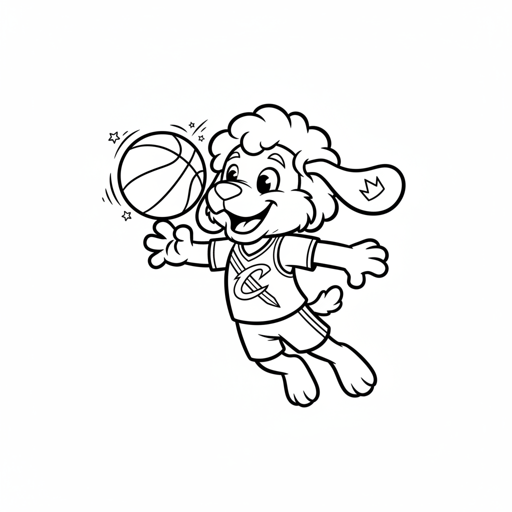 A friendly cartoon Cavaliers mascot character playing with a basketball, energetic and cheerful, original fan illustration inspired by the Cleveland Cavaliers (not the official logo or mascot), single subject only, strict black and white line art, bold clean outlines only, pure white background, kids coloring book page style. Absolutely no shading, no grayscale, no gradients, no color fills, no text anywhere in the image