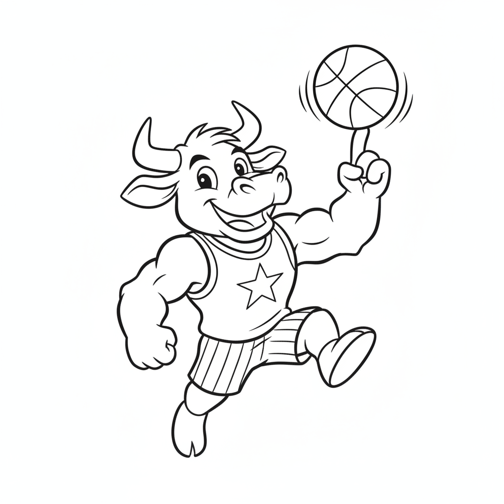 A friendly cartoon Mavericks mascot character playing with a basketball, energetic and cheerful, original fan illustration inspired by the Dallas Mavericks (not the official logo or mascot), single subject only, strict black and white line art, bold clean outlines only, pure white background, kids coloring book page style. Absolutely no shading, no grayscale, no gradients, no color fills, no text anywhere in the image