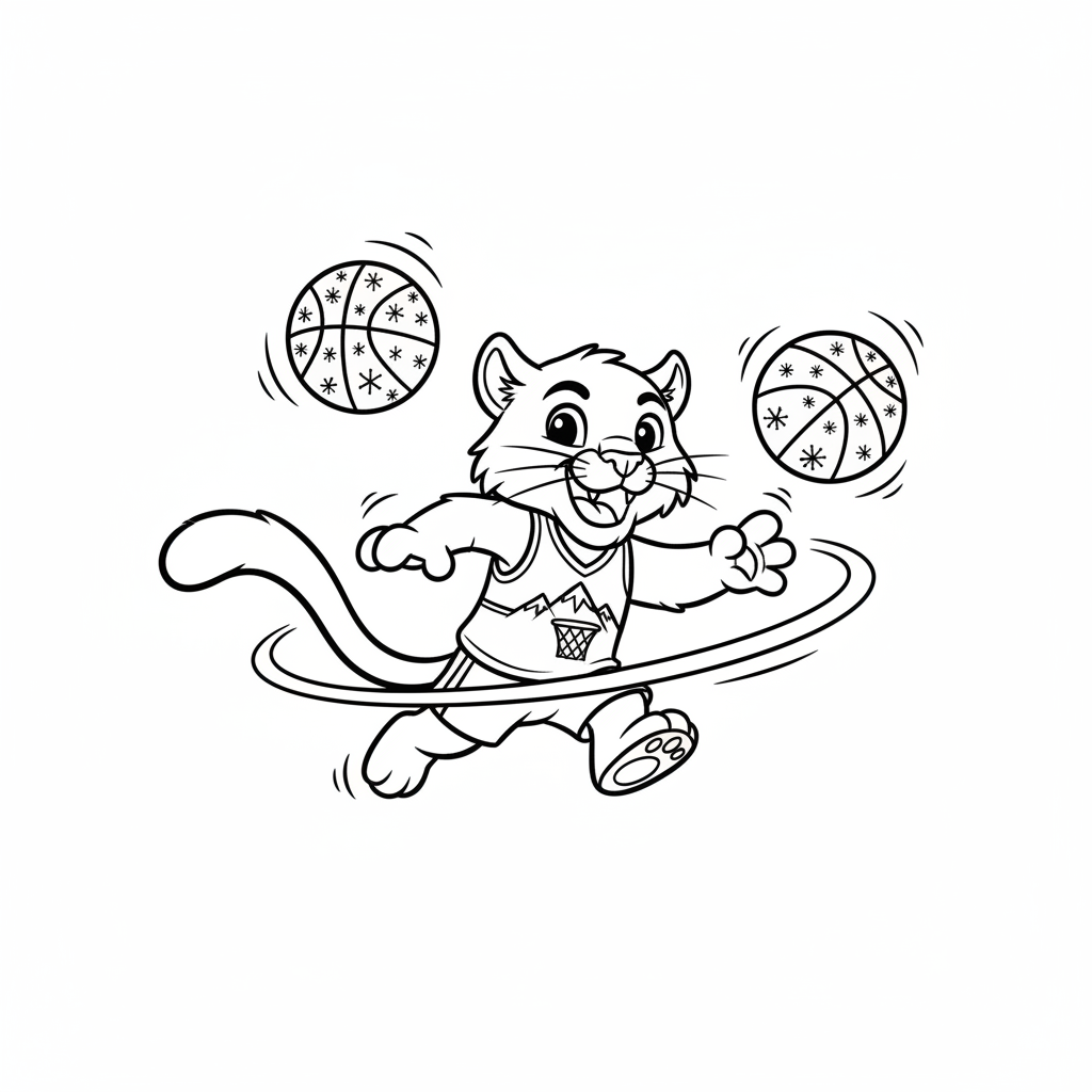 A friendly cartoon Nuggets mascot character playing with a basketball, energetic and cheerful, original fan illustration inspired by the Denver Nuggets (not the official logo or mascot), single subject only, strict black and white line art, bold clean outlines only, pure white background, kids coloring book page style. Absolutely no shading, no grayscale, no gradients, no color fills, no text anywhere in the image