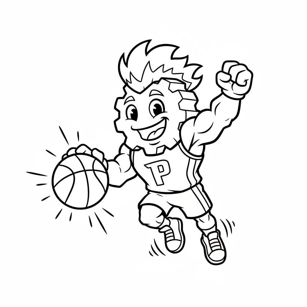A friendly cartoon Pistons mascot character playing with a basketball, energetic and cheerful, original fan illustration inspired by the Detroit Pistons (not the official logo or mascot), single subject only, strict black and white line art, bold clean outlines only, pure white background, kids coloring book page style. Absolutely no shading, no grayscale, no gradients, no color fills, no text anywhere in the image