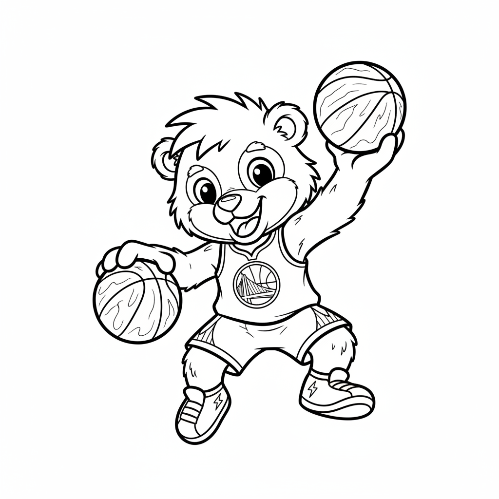 A friendly cartoon Warriors mascot character playing with a basketball, energetic and cheerful, original fan illustration inspired by the Golden State Warriors (not the official logo or mascot), single subject only, strict black and white line art, bold clean outlines only, pure white background, kids coloring book page style. Absolutely no shading, no grayscale, no gradients, no color fills, no text anywhere in the image