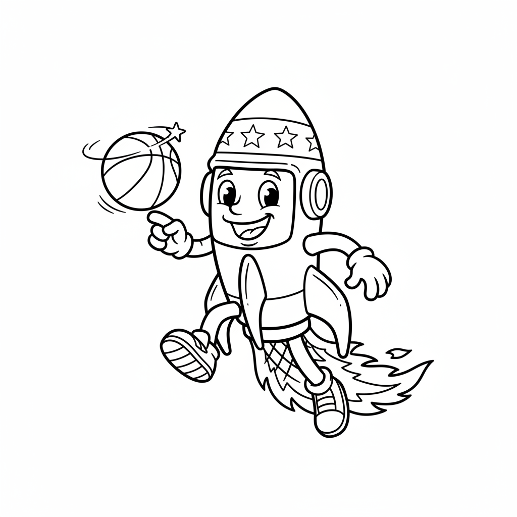 A friendly cartoon Rockets mascot character playing with a basketball, energetic and cheerful, original fan illustration inspired by the Houston Rockets (not the official logo or mascot), single subject only, strict black and white line art, bold clean outlines only, pure white background, kids coloring book page style. Absolutely no shading, no grayscale, no gradients, no color fills, no text anywhere in the image
