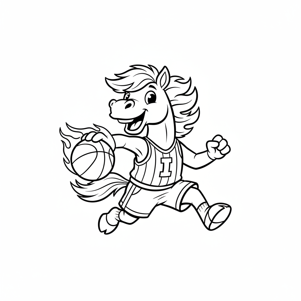 A friendly cartoon Pacers mascot character playing with a basketball, energetic and cheerful, original fan illustration inspired by the Indiana Pacers (not the official logo or mascot), single subject only, strict black and white line art, bold clean outlines only, pure white background, kids coloring book page style. Absolutely no shading, no grayscale, no gradients, no color fills, no text anywhere in the image