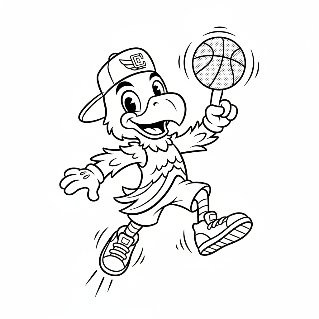 A friendly cartoon Clippers mascot character playing with a basketball, energetic and cheerful, original fan illustration inspired by the LA Clippers (not the official logo or mascot), single subject only, strict black and white line art, bold clean outlines only, pure white background, kids coloring book page style. Absolutely no shading, no grayscale, no gradients, no color fills, no text anywhere in the image