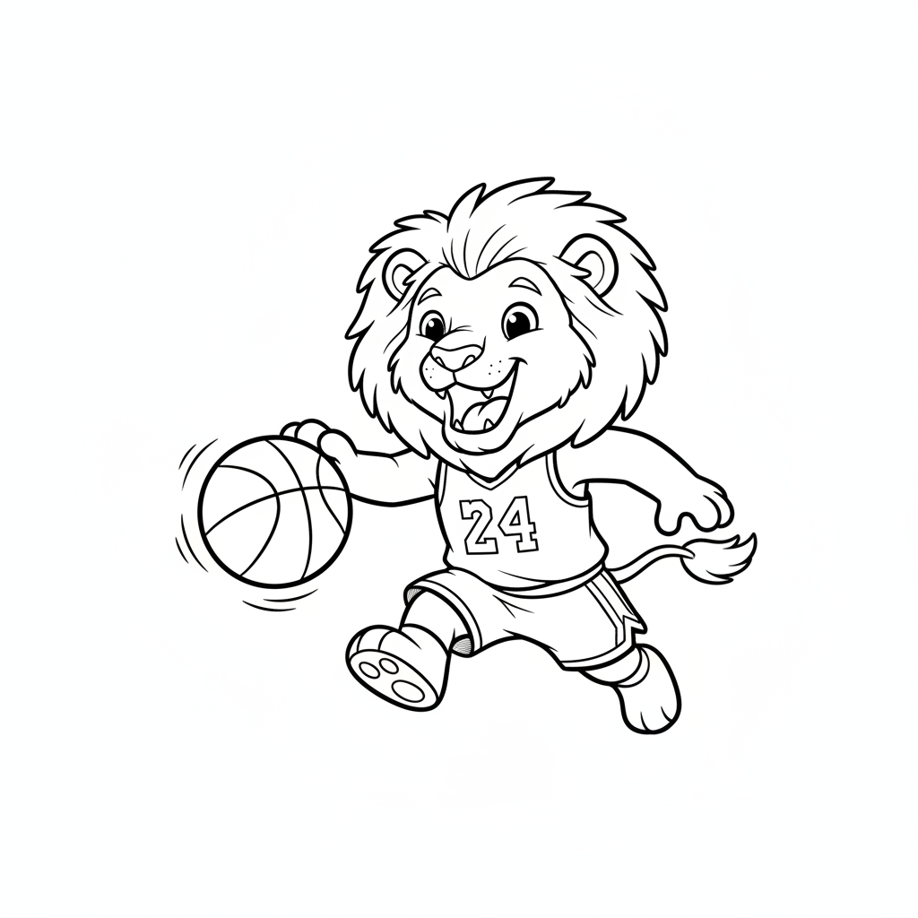 A friendly cartoon Lakers mascot character playing with a basketball, energetic and cheerful, original fan illustration inspired by the Los Angeles Lakers (not the official logo or mascot), single subject only, strict black and white line art, bold clean outlines only, pure white background, kids coloring book page style. Absolutely no shading, no grayscale, no gradients, no color fills, no text anywhere in the image