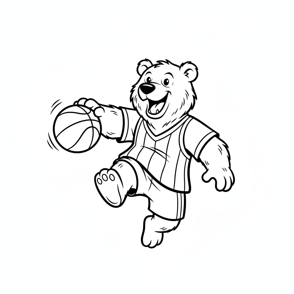 A friendly cartoon Grizzlies mascot character playing with a basketball, energetic and cheerful, original fan illustration inspired by the Memphis Grizzlies (not the official logo or mascot), single subject only, strict black and white line art, bold clean outlines only, pure white background, kids coloring book page style. Absolutely no shading, no grayscale, no gradients, no color fills, no text anywhere in the image