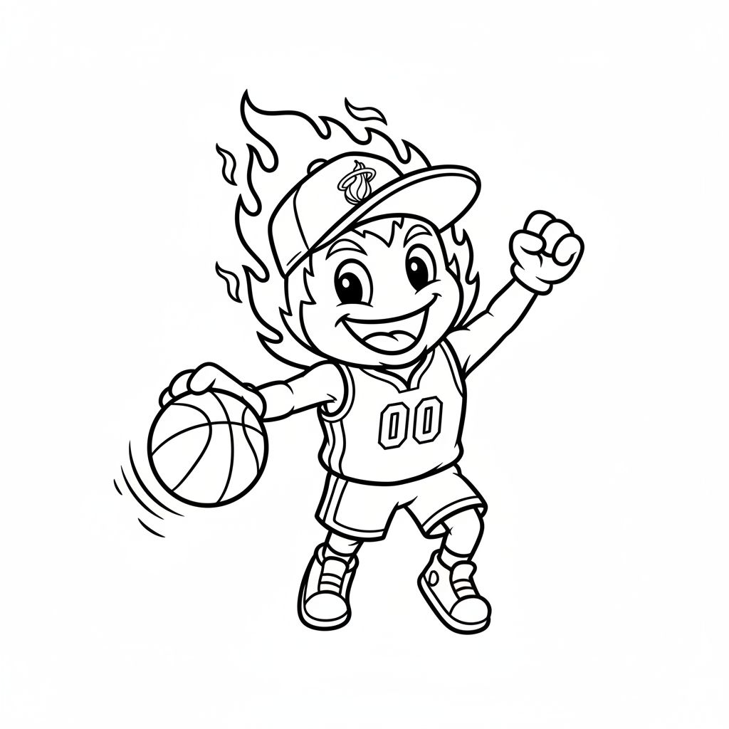 A friendly cartoon Heat mascot character playing with a basketball, energetic and cheerful, original fan illustration inspired by the Miami Heat (not the official logo or mascot), single subject only, strict black and white line art, bold clean outlines only, pure white background, kids coloring book page style. Absolutely no shading, no grayscale, no gradients, no color fills, no text anywhere in the image