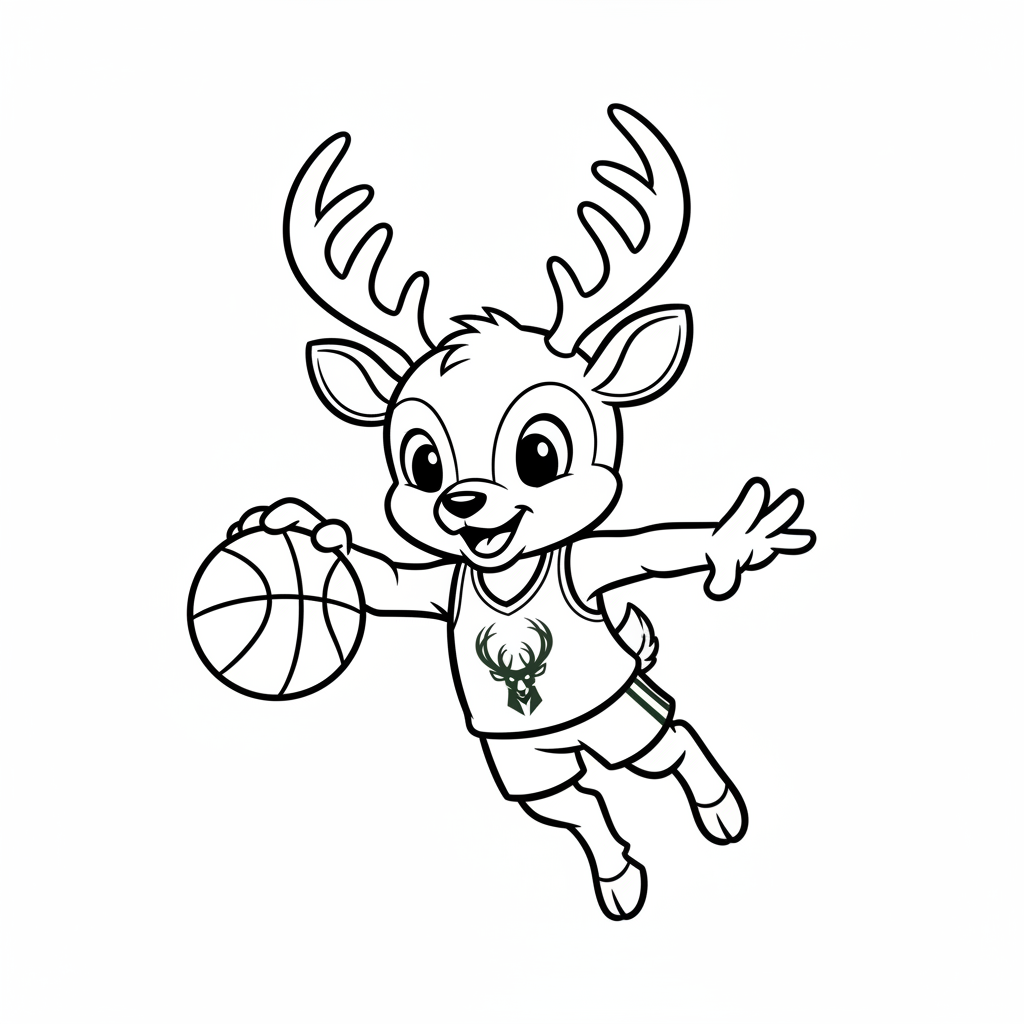A friendly cartoon Bucks mascot character playing with a basketball, energetic and cheerful, original fan illustration inspired by the Milwaukee Bucks (not the official logo or mascot), single subject only, strict black and white line art, bold clean outlines only, pure white background, kids coloring book page style. Absolutely no shading, no grayscale, no gradients, no color fills, no text anywhere in the image