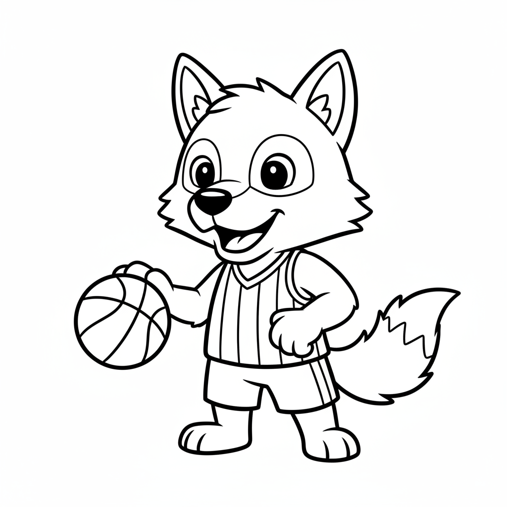 A friendly cartoon Timberwolves mascot character playing with a basketball, energetic and cheerful, original fan illustration inspired by the Minnesota Timberwolves (not the official logo or mascot), single subject only, strict black and white line art, bold clean outlines only, pure white background, kids coloring book page style. Absolutely no shading, no grayscale, no gradients, no color fills, no text anywhere in the image