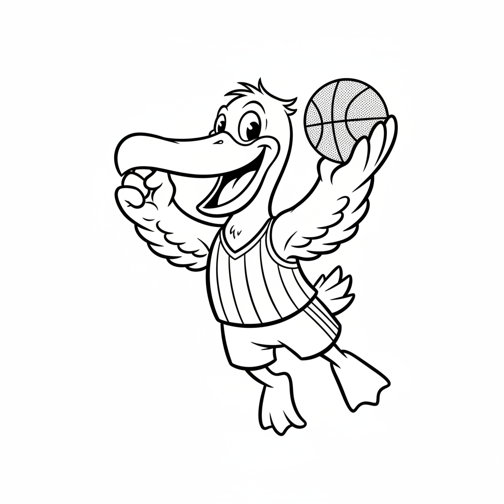 A friendly cartoon Pelicans mascot character playing with a basketball, energetic and cheerful, original fan illustration inspired by the New Orleans Pelicans (not the official logo or mascot), single subject only, strict black and white line art, bold clean outlines only, pure white background, kids coloring book page style. Absolutely no shading, no grayscale, no gradients, no color fills, no text anywhere in the image