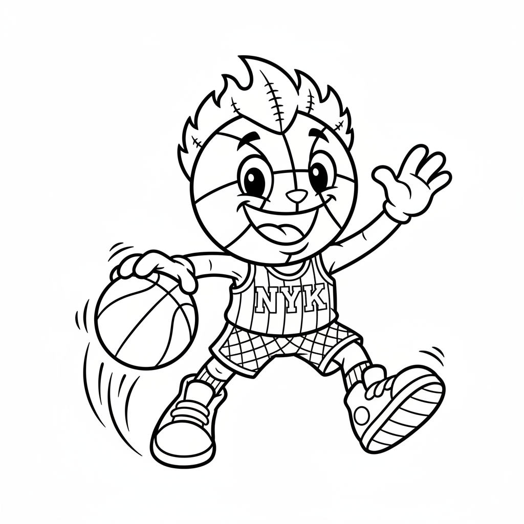 A friendly cartoon Knicks mascot character playing with a basketball, energetic and cheerful, original fan illustration inspired by the New York Knicks (not the official logo or mascot), single subject only, strict black and white line art, bold clean outlines only, pure white background, kids coloring book page style. Absolutely no shading, no grayscale, no gradients, no color fills, no text anywhere in the image